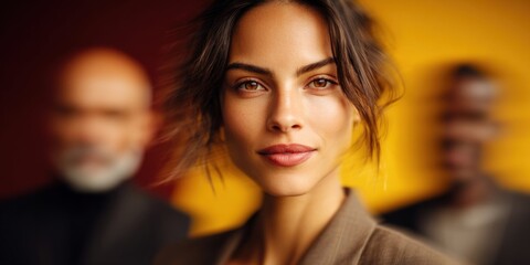 Fototapeta premium Confident woman in foreground with diverse colleagues blurred in background
