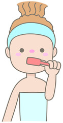 Cute Curly Hair Woman in Towel Brushing Teeth for Morning Routine and Dental Hygiene Lifestyle