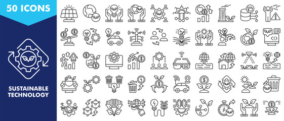 sustainable technology icon set collection. icon set contain solar panel, eco friendly, energy efficient, environmental, social development, technology. simple vector illustration.