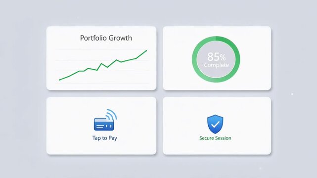 Digital Financial Interface: A modern financial interface with clear, intuitive graphics illustrating portfolio growth, transaction completion, secure session, and mobile payment options.