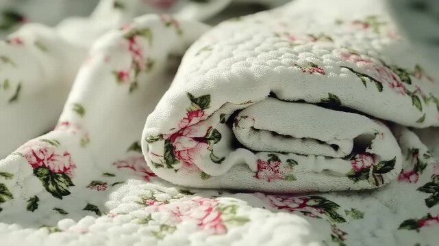 Floral Patterned Blanket Folded on Bed.