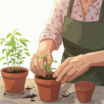 Person Planting Seedlings in Terracotta Pots with Soft Sunlight