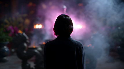 Obraz premium A person standing in front of a mystical scene with fog, illuminated with pink light