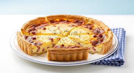 A savory pie on a plate with a slice cut out