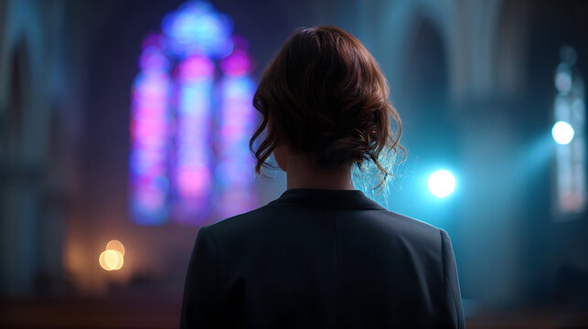 A person facing towards the stained glass inside a chapel, lost in contemplation. The soft light of the candles illuminate the space, casting a warm glow