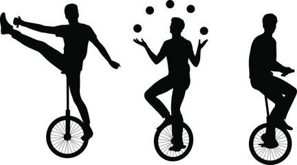 Unicycle performer silhouette vector set featuring balance tricks juggling circus artist action isolated line art black white illustration © Hamim's World