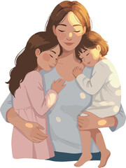 Obraz premium Mother Embracing Her Two Children with Warm Sunlight