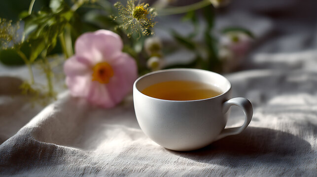 Aesthetic cup of herbal tea in natural light, with soft-focus flowers