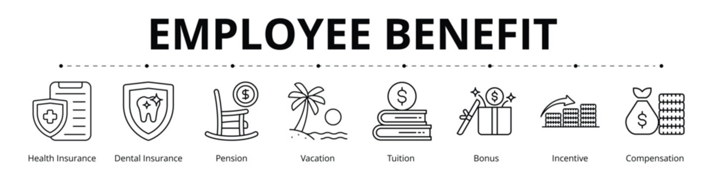 Employee Benefit Line Banner Web Icon Set Vector Illustration