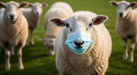 Obraz premium A humorous image of a white sheep in a green field wearing a blue surgical face mask