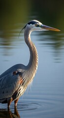 Fototapeta premium A gray heron stands in shallow water, profile view