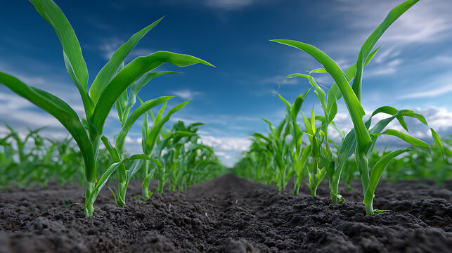 Lush green corn stalks growing under a vast blue sky, a vibrant image of agricultural growth
