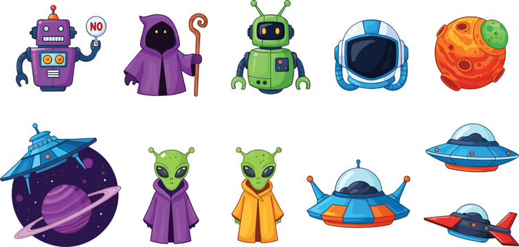 Colorful sci-fi space vector set featuring cute alien characters robots flying saucer ufo spaceships and planets isolated on white background for galaxy adventure design.