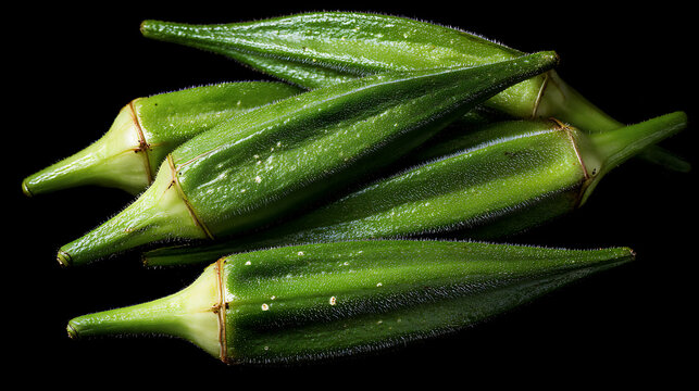 Fresh, vibrant okra pods arranged. These green, slender vegetables are full of nutrients