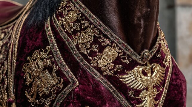 caparison. A close-up of a deep crimson horse caparison richly embroidered with intricate golden heraldic crests. wildlife magazines.
