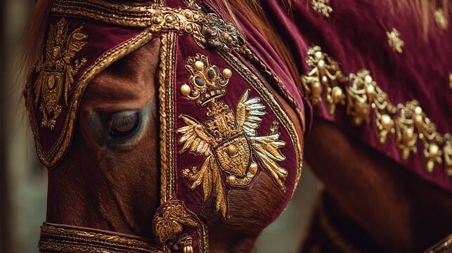 caparison. A close-up of a deep crimson horse caparison richly embroidered with intricate golden heraldic crests. wildlife magazines.