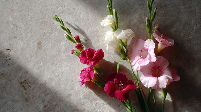 Elegant gladiolus flowers in vibrant hues of red, pink, and white basking in sunlight. The floral arrangement sits on a marbled surface