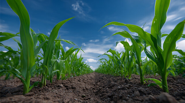 Rows of vibrant green crops stretch toward the horizon under a bright blue sky. The image offers a perspective from the ground level, highlighting the growth and potential of the field.