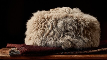 karakul. A Karakul fur hat resting on dark velvet, showcasing its texture. wildlife magazines, conservation campaigns, designed for nature documentaries and education, celebrates biodiversity.