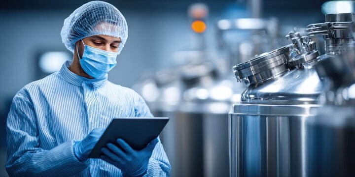 Scientist in sterile suit and mask using tablet in pharmaceutical manufacturing facility