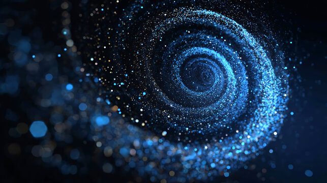 A cosmic spiral of shimmering celestial bodies, reminiscent of a galaxy, against a dark backdrop. The composition evokes a sense of wonder and the vastness of space.
