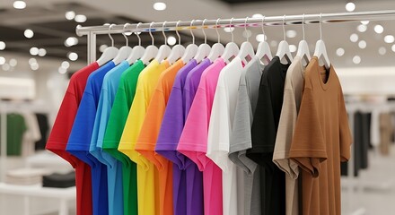 Obraz premium A rack of colorful t-shirts in a store