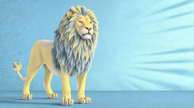A majestic lion with a golden mane standing tall on a bright blue backdrop. The lion exuding strength and confidence
