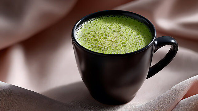 A cup of matcha latte, a Japanese green tea beverage, sits on a delicate surface