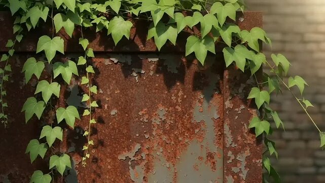 Green ivy vines grow on a rusty metal surface with a brick wall background.
