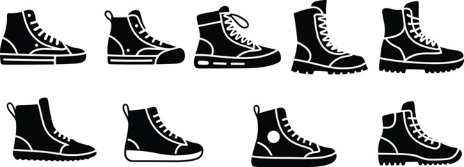 Boots and sneakers silhouette icons set featuring casual footwear shoes black flat vector illustration collection for fashion design use