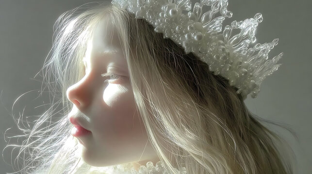 A young person with a crown in a soft, ethereal light, like a dream. She is wearing an elaborate headpiece