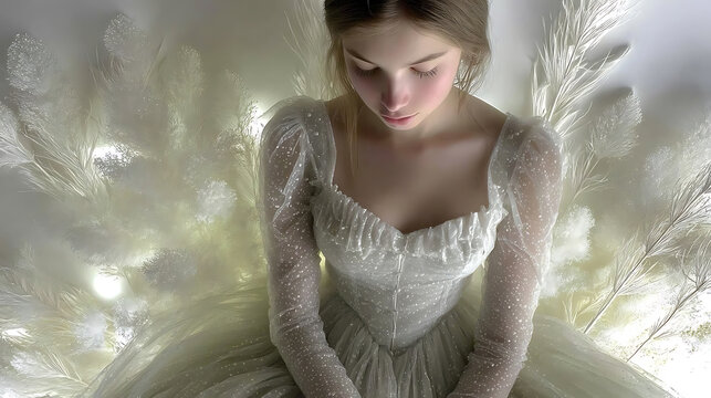 A young lady wearing a white gown, sitting amongst the aesthetic decoration, with a beautiful look on her face