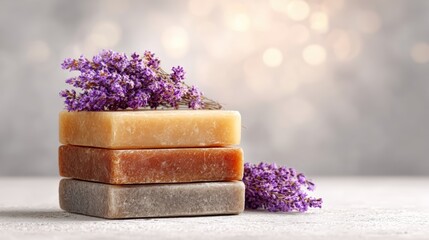 Lavender soap bars with flowers three artisanal soap bars elegantly decorated with fresh lavender flowers showcasing natural beauty and fragrance