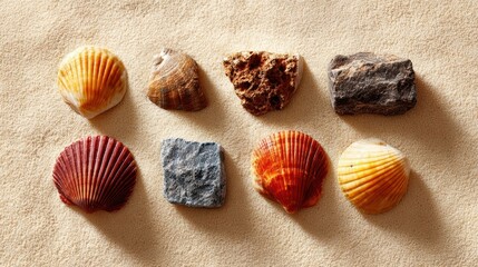 Seashells on sand collection of diverse seashells resting on a textured sandy surface showcasing natural beauty