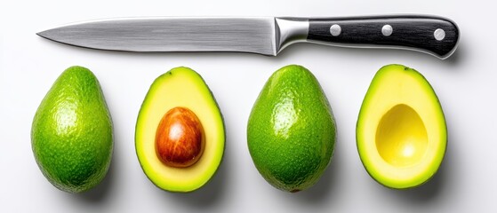 Avocado sliced with knife preparation of fresh avocados sliced using a sharp knife for culinary use