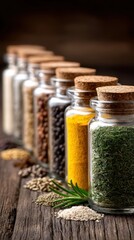 Spice jars assortment collection of glass jars containing various colorful spices neatly arranged