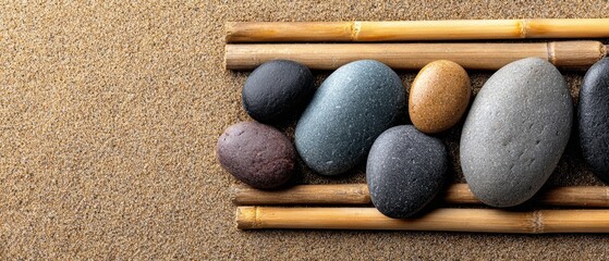 Group of rocks on bamboo mat natural stones carefully arranged on a woven bamboo surface showcasing texture and form