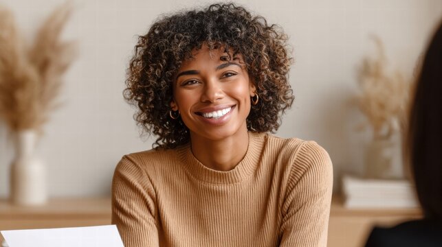 A radiant black woman with a stunning smile, expressing pure joy and confidence in an interview setting.