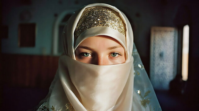 A portrait of a veiled woman with striking eyes, set against an ornate background. The woman's eyes capture attention, hinting at untold stories.