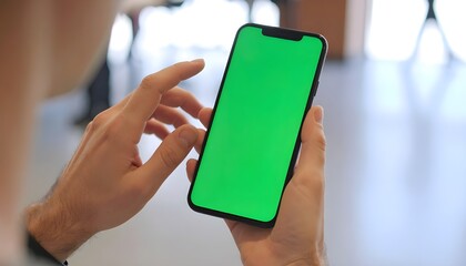 Hand holding a smartphone with a blank green screen, perfect for app or website mockup, showcasing a modern device with a chroma key