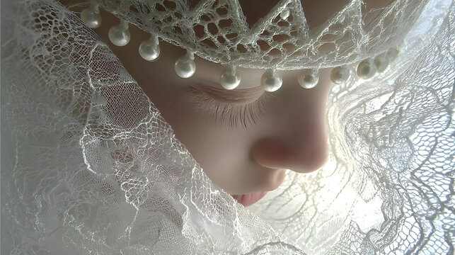 A profile of a person in an elaborate white lace headdress and veil, evoking an air of elegance and mystery. The image suggests a sense of regal and historical charm