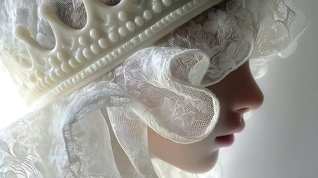 A profile portrait of a person wearing an ornate crown and intricate lace