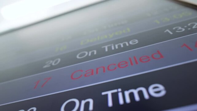 Flight listing board at an airport showing delayed and cancelled flights in Canada