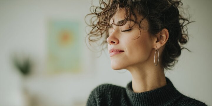Young woman with curly hair closes her eyes and breathes deeply, feeling peaceful and serene