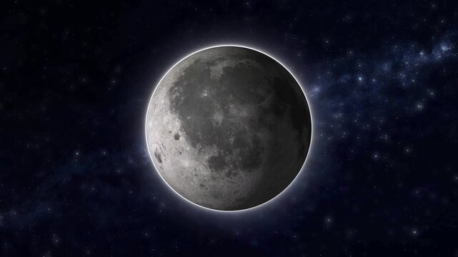 Realistic moon rotating, lunar phase orbit, celestial satellite space, glowing crater surface, nighttime astronomy background, gray orb universe galaxy