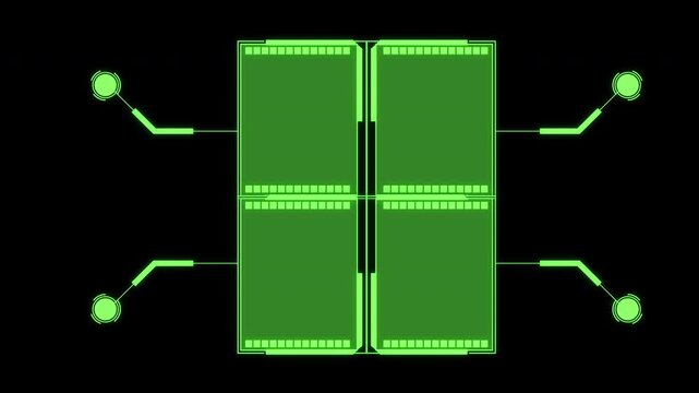 Futuristic green HUD dual panel interface animation featuring two glowing digital information panels connected to multiple circular pointer callouts. Sci-fi technology style with neon green elements