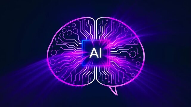 Artificial Intelligence Brain Circuit Board Neon puple Light Glowing on Dark Background Illustration