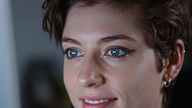 Close-up of a person with short brown hair, blue eyes and multiple ear piercings