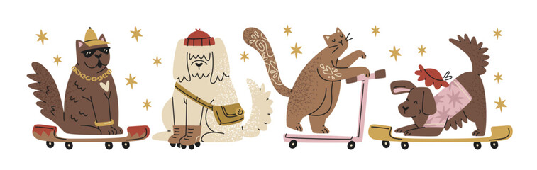 Cute animals riding skateboard and scooter  in cartoon style. Funky characters: cat, dog, squirrel, funny pet activity, urban riding, playful movement, pets mascots in motion © Limpreom