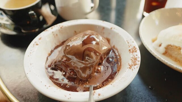 Delicious chocolate profiterole with sauce in a cozy cafe setting